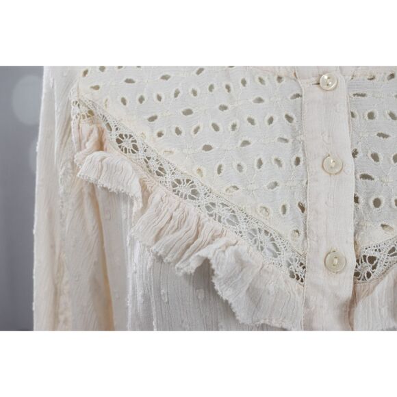 American Eagle Lace Button Up Top Lace Ruffle Boho Long Sleeve Cream Large - Picture 5 of 12